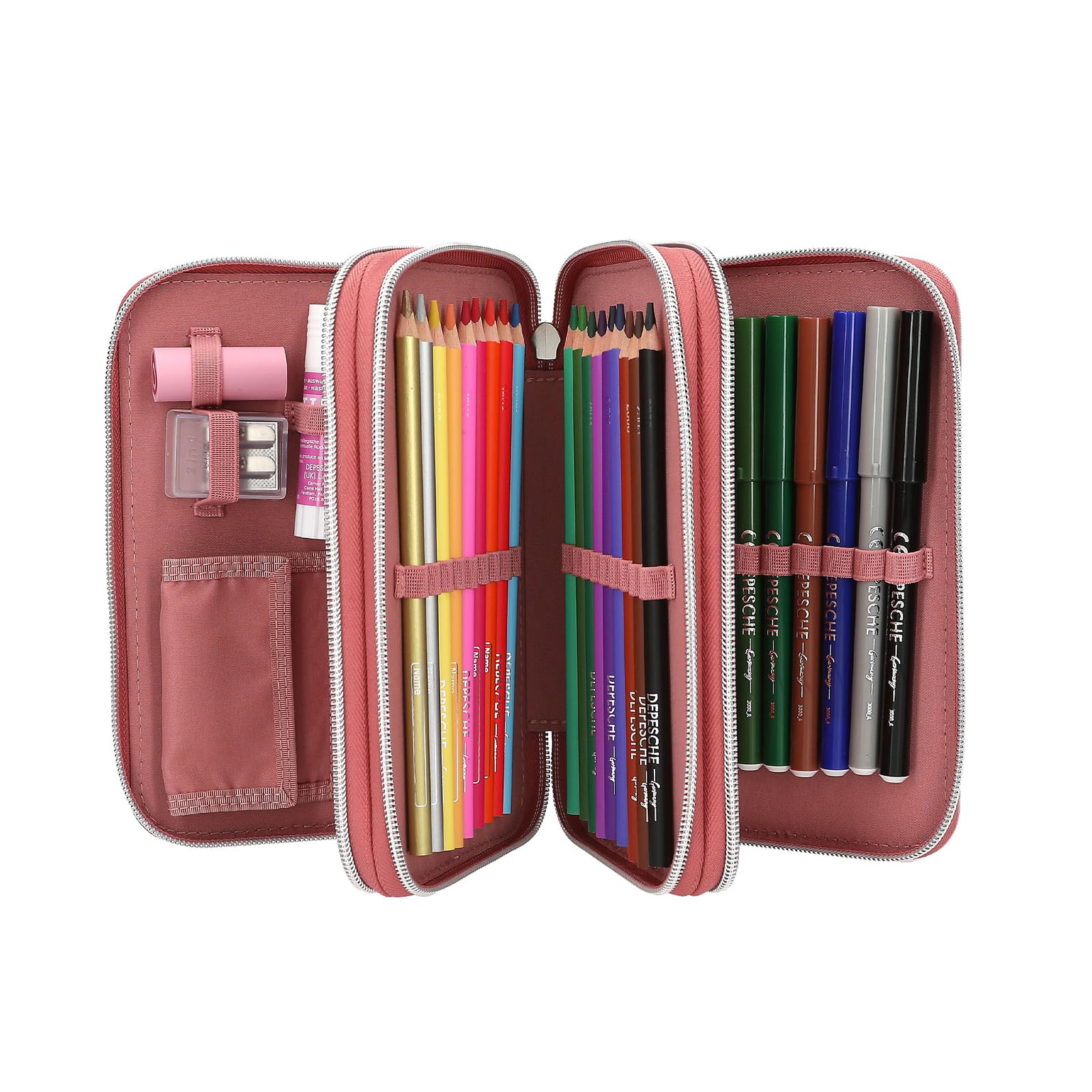 Depesche 14007 TOPModel Dots - Trousse à Crayons Rose à 3 Compartiments, avec Motif TOPModel, Motif à Pois et Paillettes, Trousse Contenant des Crayons de Couleur, des Ciseaux