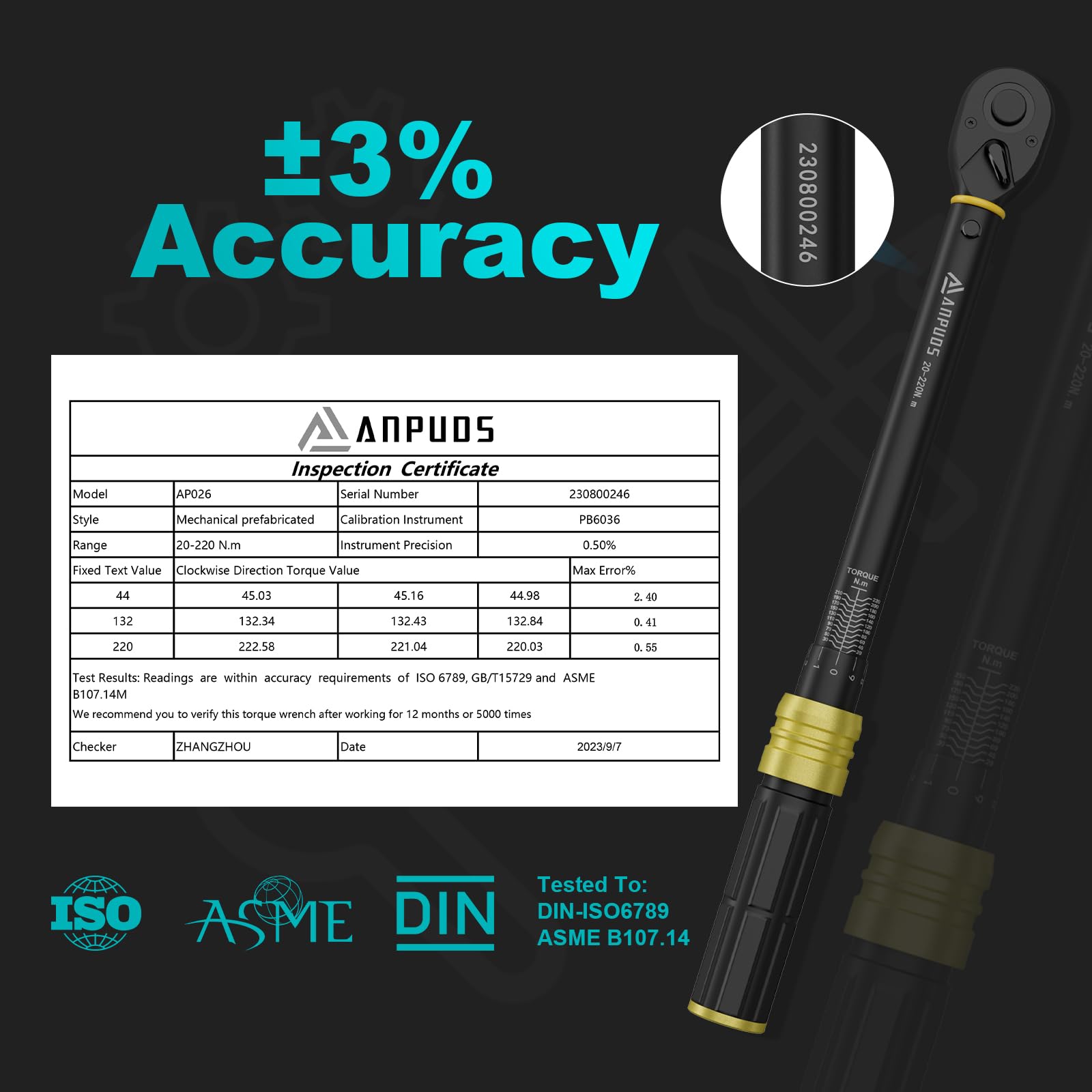 ANPUDS Chiave Dinamometrica 1/2, 20-220 Nm, Precisione ±3%, Set di 6 Pezzi | Include Prolunga 125mm, Adattatore 3/8", 3 Bussole 17/19/21mm, Perfetto per Cambio Gomme di Auto e Moto