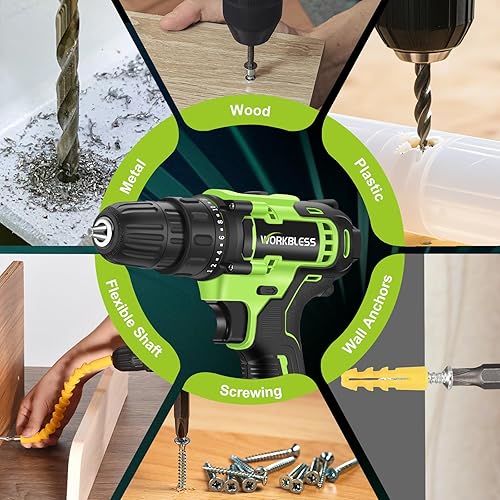 Miniatura 8 de WorkBless - Juego de taladro eléctrico de 21 V, taladro inalámbrico con batería y cargador, portabrocas sin llave de 38 pulgadas, velocidad
