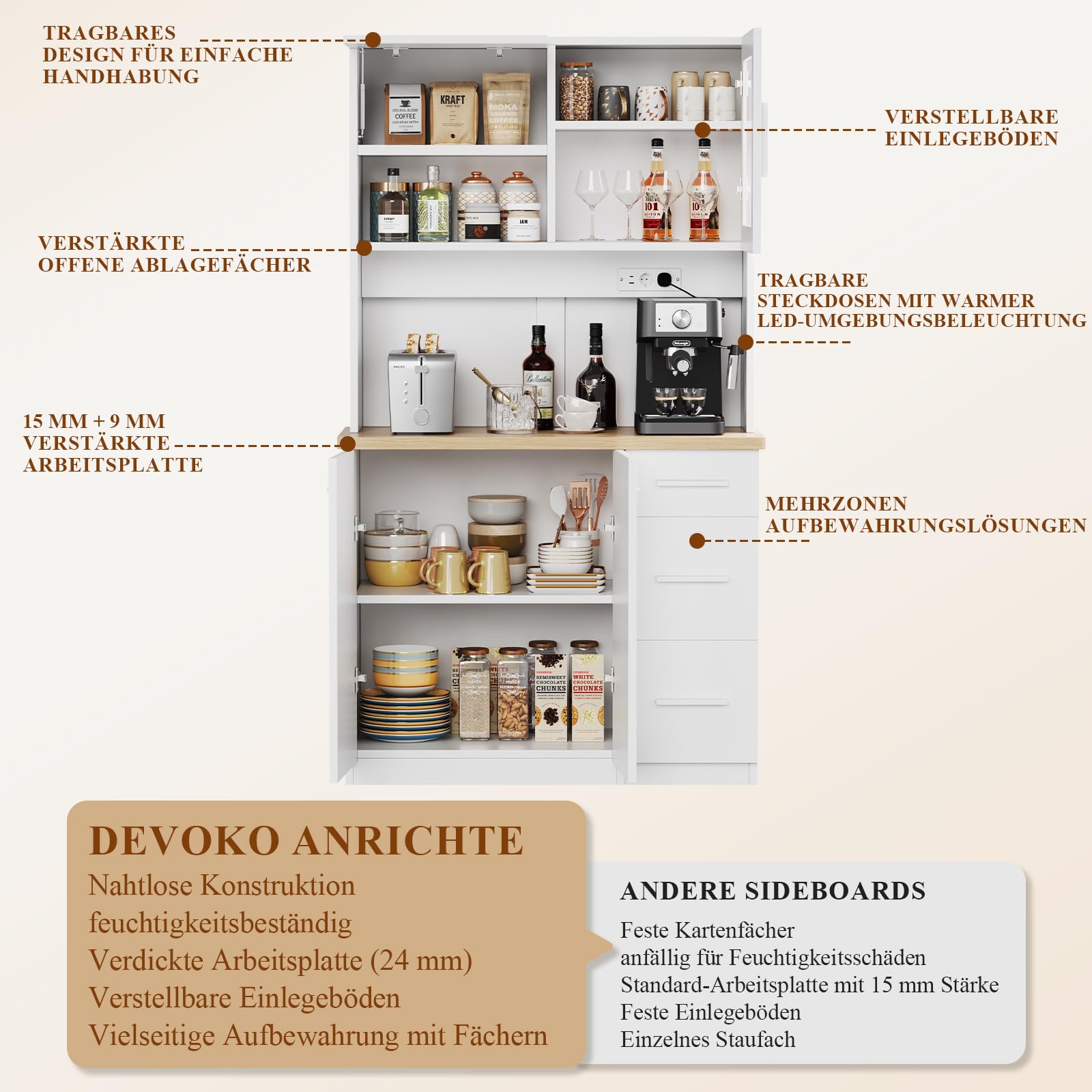 Devoko Armario Alto de Cocina con Luces LED y Enchufe, Mueble de Almacenamiento con 3 Cajones, Vitrina y Compartimentos Abiertos, Estantes Ajustables para Comedor,100x40x182cm (Blanco)