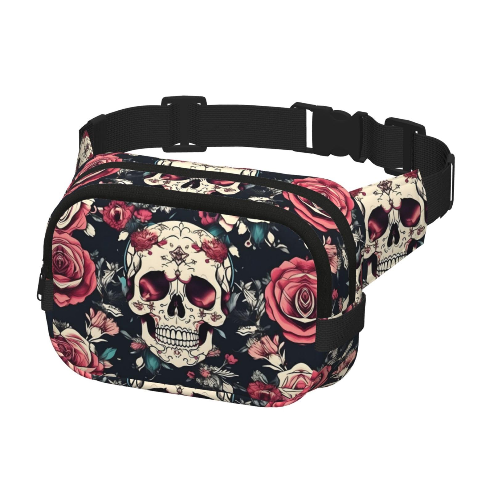 Kwiaty, czaszka, ozdobny, zamek błyskawiczny, saszetka, torby crossbody z regulowanym paskiem do joggingu, jazdy na rowerze, Czarny, Jeden rozmiar