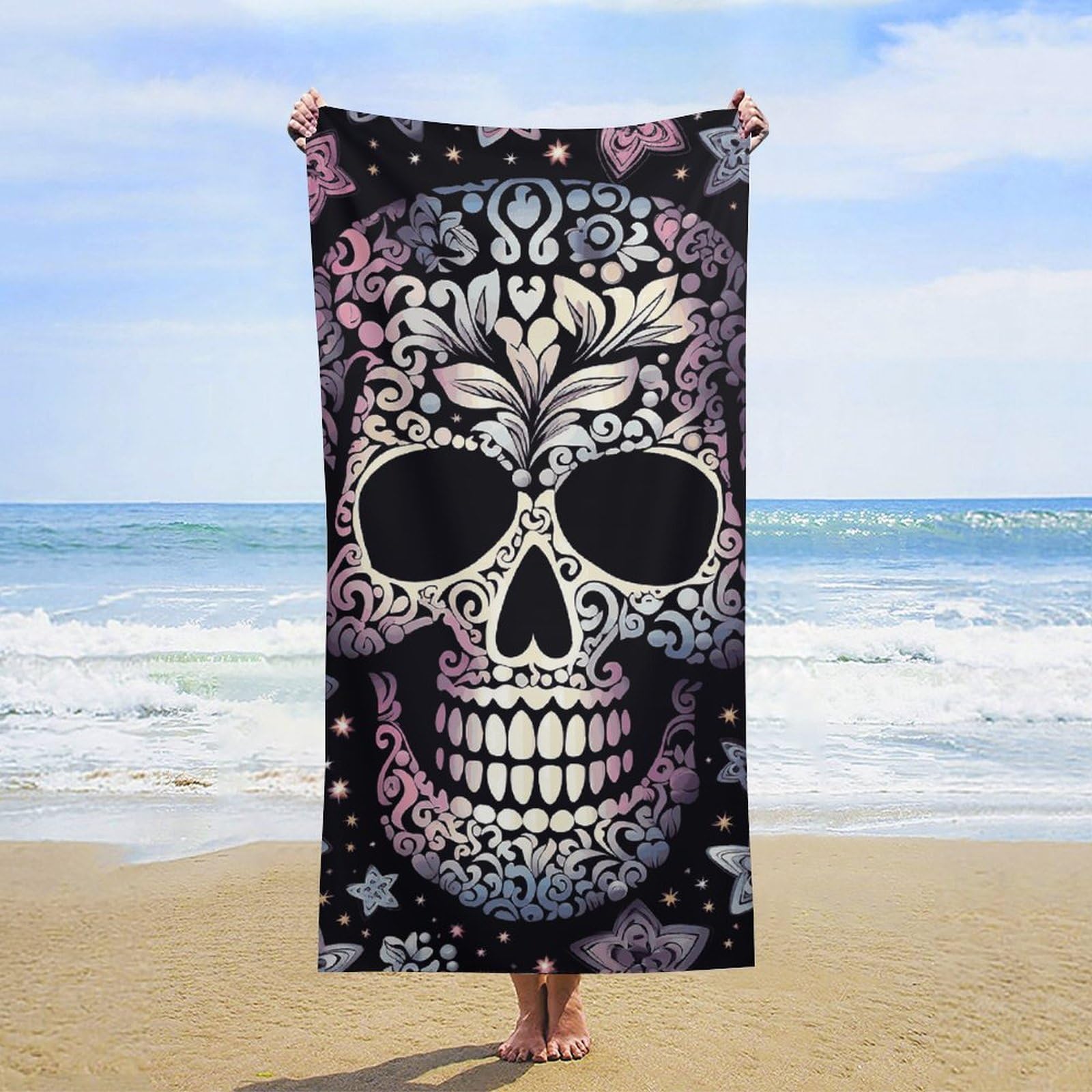 NTVOWPZO Cool Skull Beach Towel Oversized Microfiber Bath Towels Lightweight Sand Proof Beach Towels Absorbent Pool Towels for Swimming Yoga Bathroom Towel 31.5" X 63"