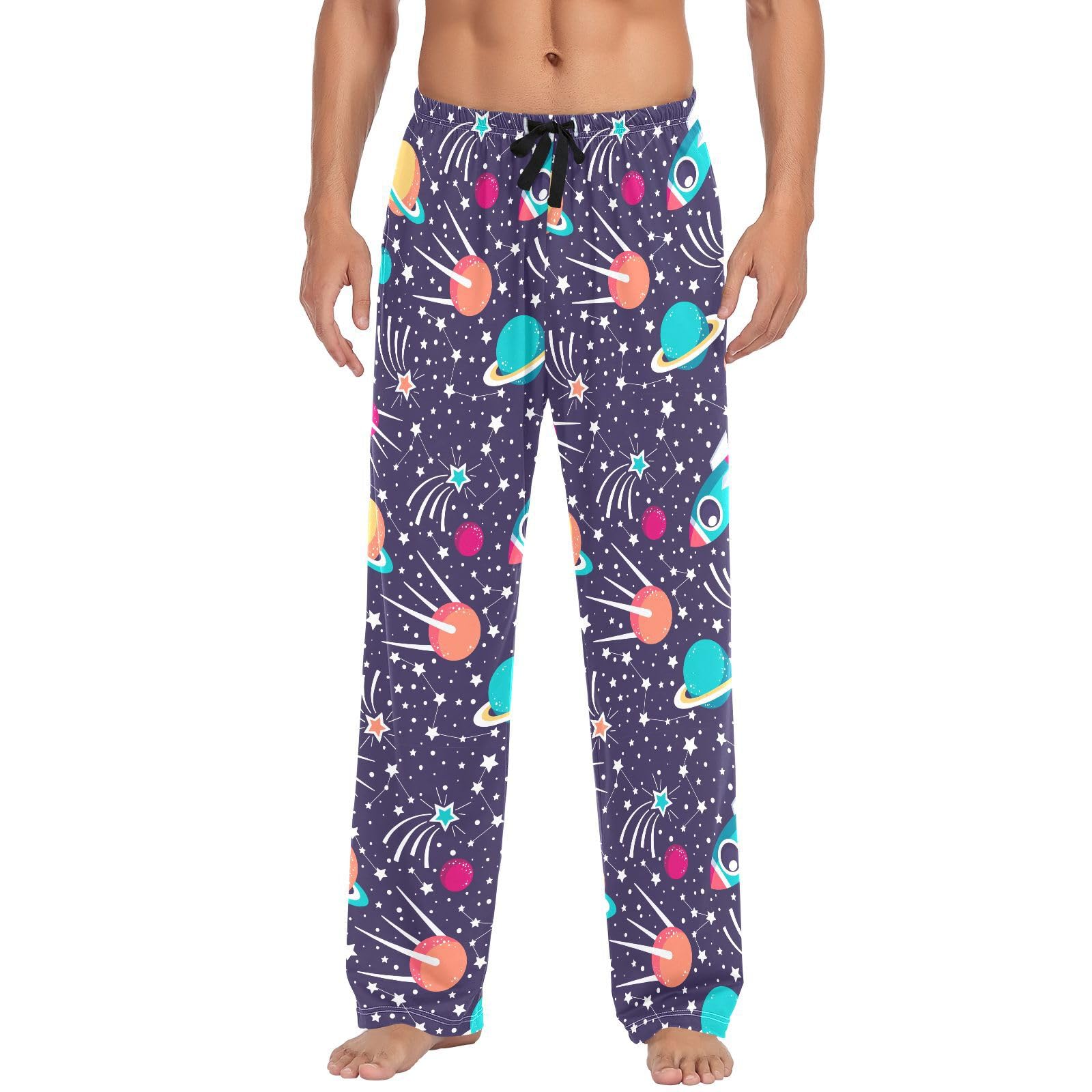 Planet Spaseship Satellite Star Herren-Schlafanzughose, 100 % Baumwolle, weiche Pyjamahose für Herren, Lounge-Nachtwäsche, gerade Passform, lange Schlafhose mit Taschen, Kordelzug, Größe XXL,