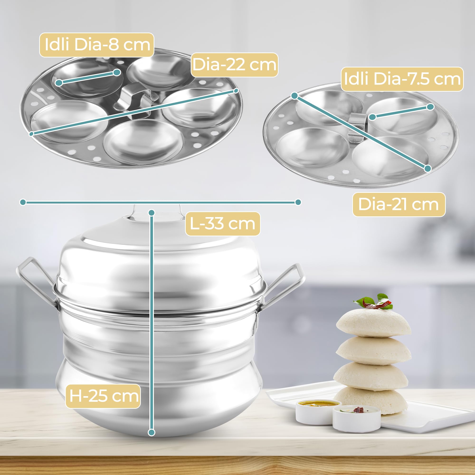 KSJONE Acciaio inossidabile tradizionale Idly Panai/Steamer/Maker con 3 piastre profonde (13 buchi), (argento)