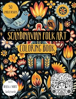 Scandinavian Folk Art Coloring Book with Black and White Backgrounds