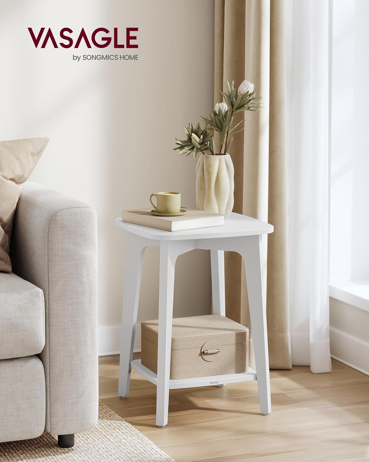 VASAGLE MAEZO Collection - Side Table, 2-Tier Small Square End Table, Nightstand with Tapered Legs, Curved Transitions, for Small Spaces, Living Room, Bedroom, Cloud White ULET236W01