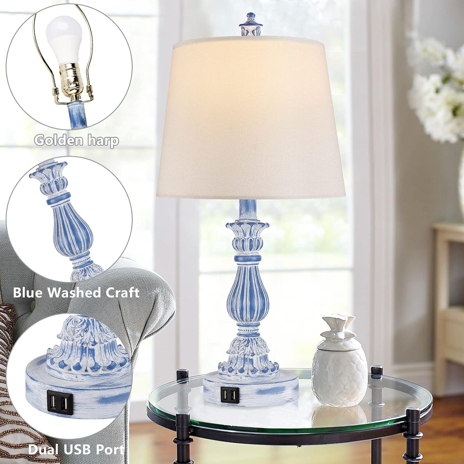 Coastal 3 Way Dimmable Touch Table Lamp for Bedrooms Set of 2 Farmhouse Bedside Lamp for Living Rooms Blue Washed Nightstand Lamp with 2 USB Charging Ports,2 Bulbs Included