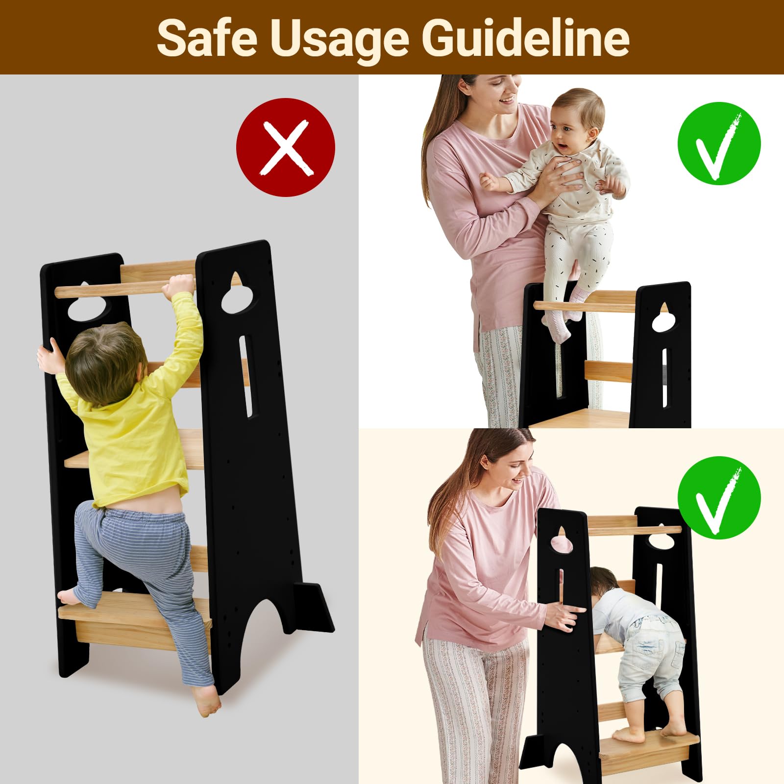 COSYLAND Höhenverstellbarer Kleinkind-Stehturm – super Stabiler Kleinkind-Küchenhocker, Helfer – 3 Ebenen, Holz-Kinder-Lernhocker für Küche, Toliet (schwarz und natürlich, groß)