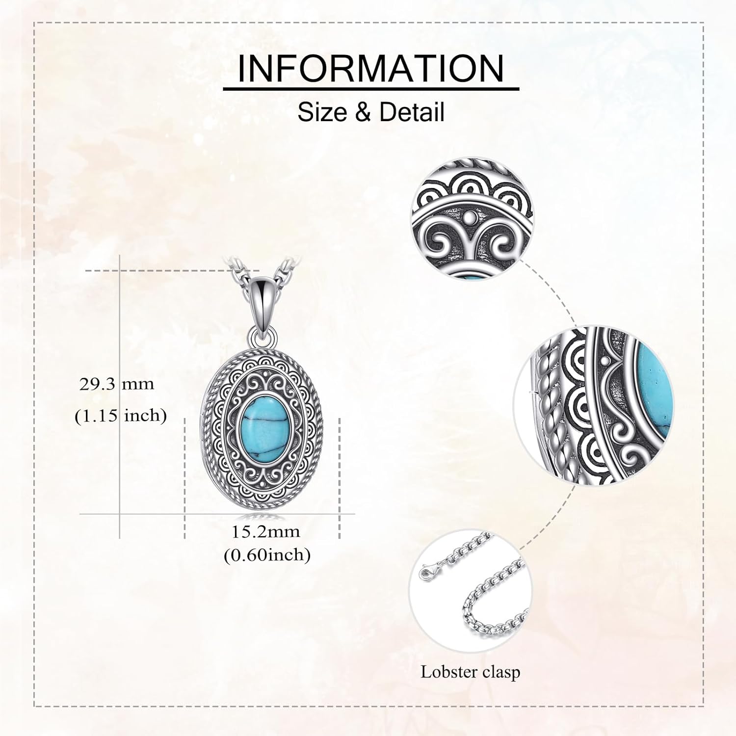 ONEFINITY Turquoise Locket Necklace that Holds Pictures 925 Sterling Silver Oval Filigree Pendant Necklace Turquoise Photo Memorial Jewelry Gifts for Women Men - Image 3