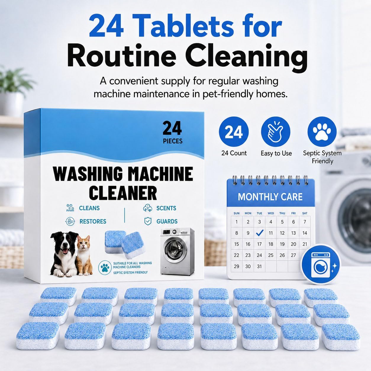 Washing Machine Cleaner Tablets, 24 Count Washer Cleaner and Deodorizer Tabs for Pet Hair, Odor, Residue & Buildup, Deep Cleaning Washing Machine Cleaner for Front Load, Top Load & HE Washers