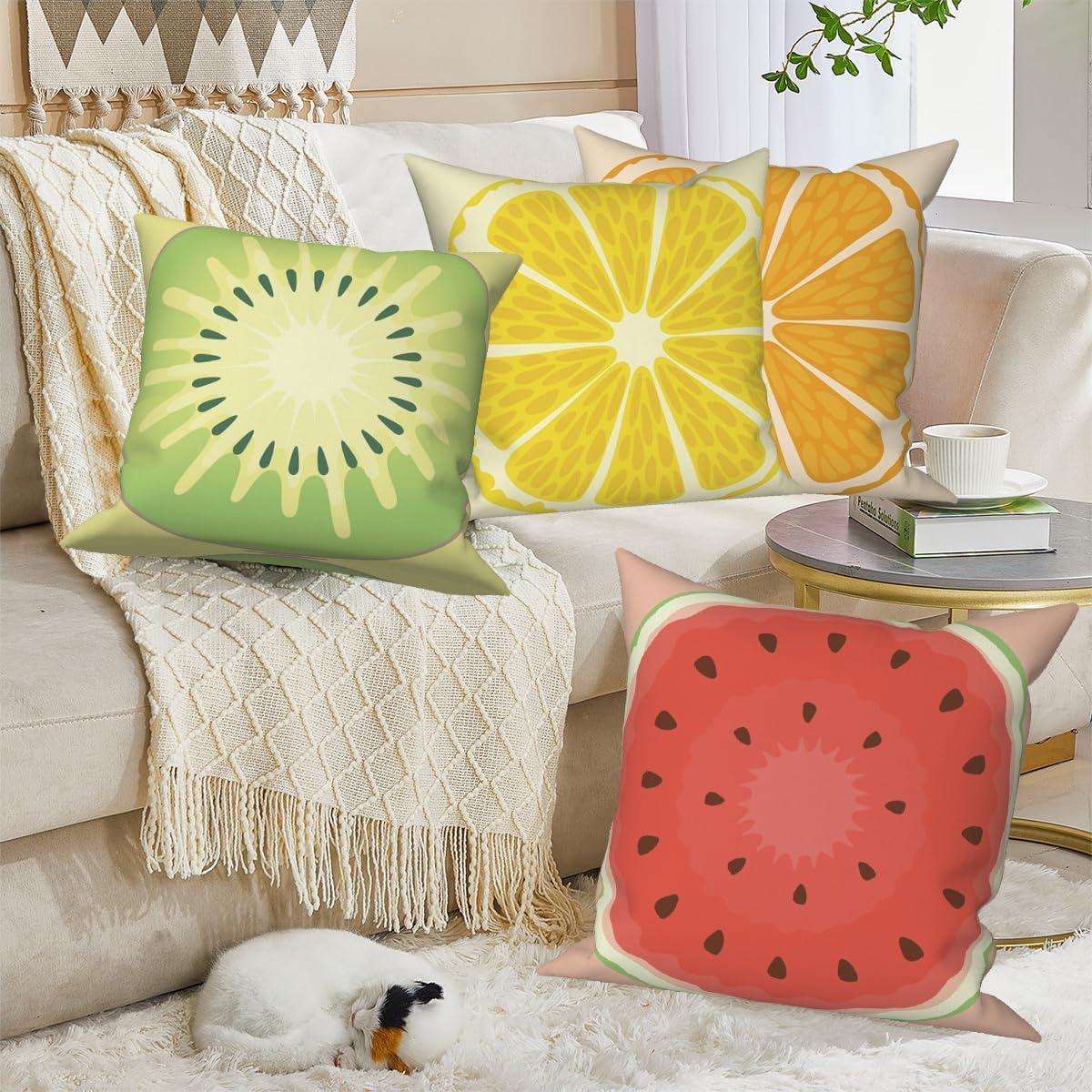 Summer Fruit Throw Pillow Covers 24''x24'' Set of 4, Lemon Watermelon Kiwifruit Orange Pillowcase Colorful Printed Cushion Covers for Couch Sofa Bedroom Farmhouse Garden Patio Decorative