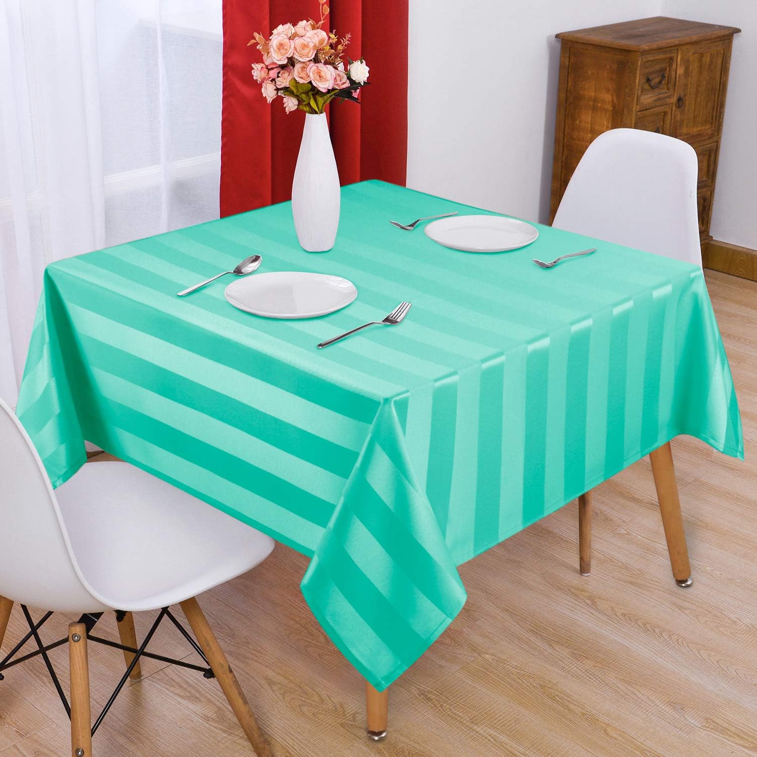 Hiasan Waterproof Striped Square Tablecloth - Spillproof, Stain Resistant Washable Polyester Fabric Jacquard Oblong Table Cloth for Banquet, Dining Room and Outdoor Picnic, Aqua, 54 x 54 Inch