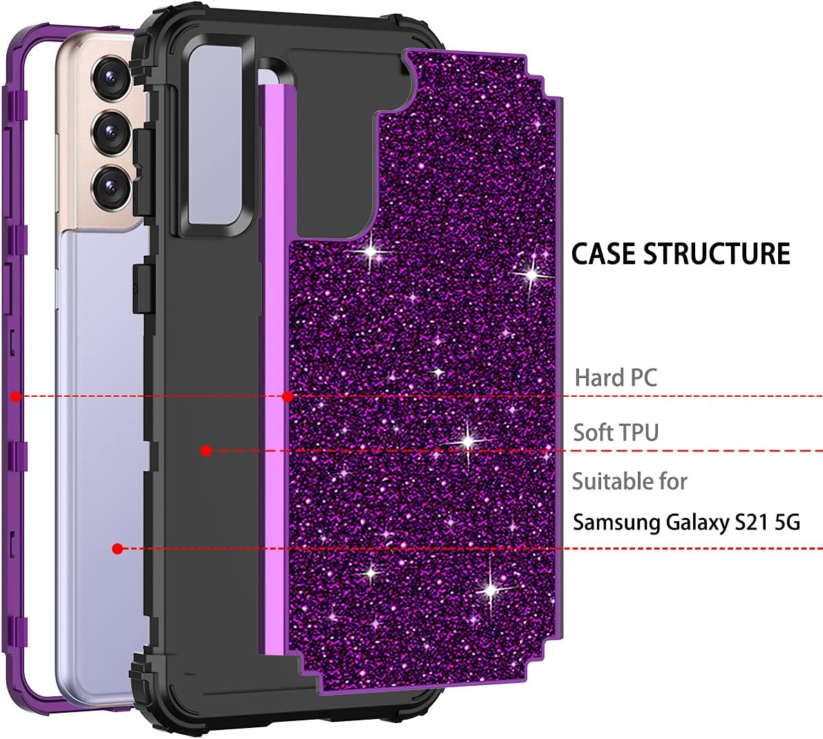 LONTECT for Galaxy S21 5G Case Glitter Sparkle Bling Heavy Duty Hybrid Sturdy High Impact Shockproof Protective Cover Case for Samsung Galaxy S21 5G 6.2 2021, Shiny Purple/Black