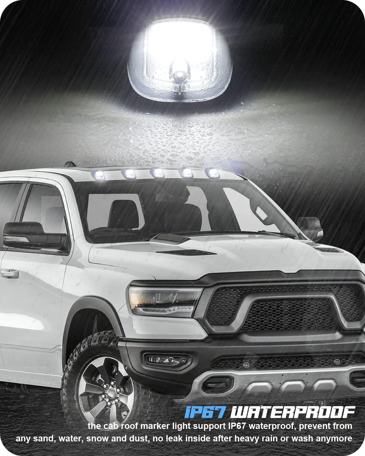 5PCS Smoked Cab Marker Light Roof Clearane White LED Running Top Marker Lights Assembly with Wire Harness Compatible with Doge Ram 1500 2500 3500 4500 5500 Pickup Trucks 2003-2018
