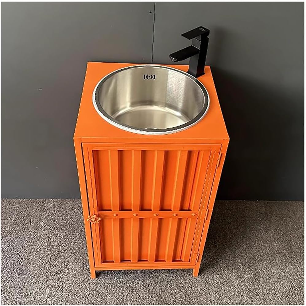 Pink Industrial Bathroom Pedestal with Mirror Freestanding Iron Art Vanity Cabinet Stainless Steel & Storage 46X46X85 Cm for Commercial Use,Orange-Without Mirror