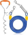 Petbobi Dog Tie-Out Cable and Stake - 30ft Heavy Duty Cable with Spring, No Tangle, 16in Ground Stake, Ideal for Yard, Camping and Beach, Suitable for Small Medium Large Dogs Up to 120 lbs, Blue