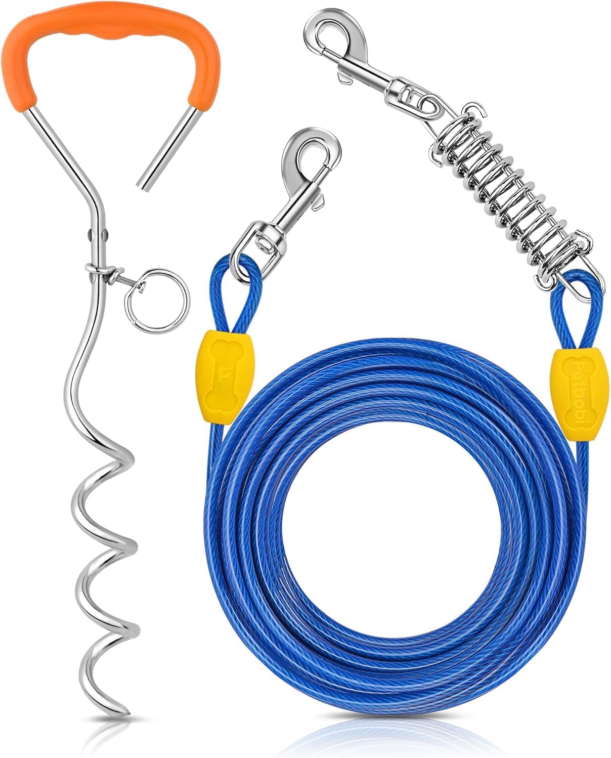 Dog Tie-Out Cable and Stake - 30ft Heavy Duty Cable with Spring, No Tangle, 16in Ground Stake, Ideal for Yard, Camping and Beach, Suitable for Small Medium Large Dogs Up to 120 lbs, Blue