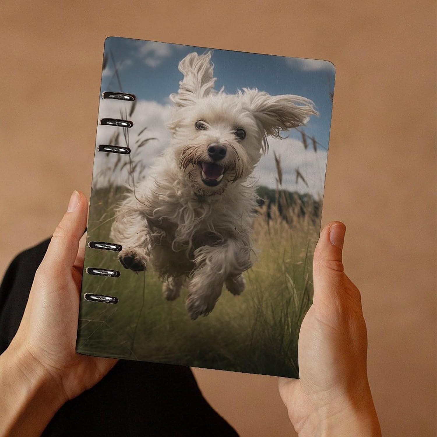 White Dog in The Field Notebook, A5 PU Leather Loose Leaf Notebook with 90 Sheets - Refillable Binder for Writing, Note Taking, Journaling