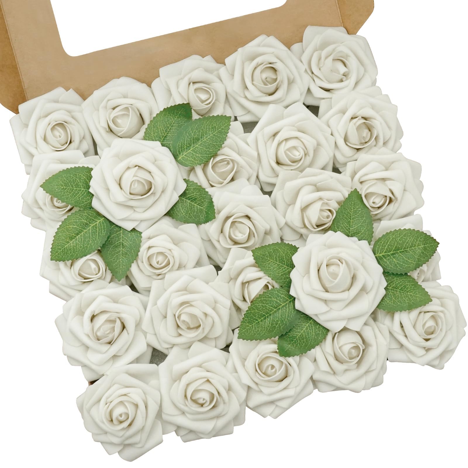 partiazy Artificial Flowers, 50pcs Artificial Rose for DIY Bouquets Arrangement, Sand White Rose Flowers Foam Fake with Stems for Wedding Shower Party Floral Arrangements Tables Home Decorations