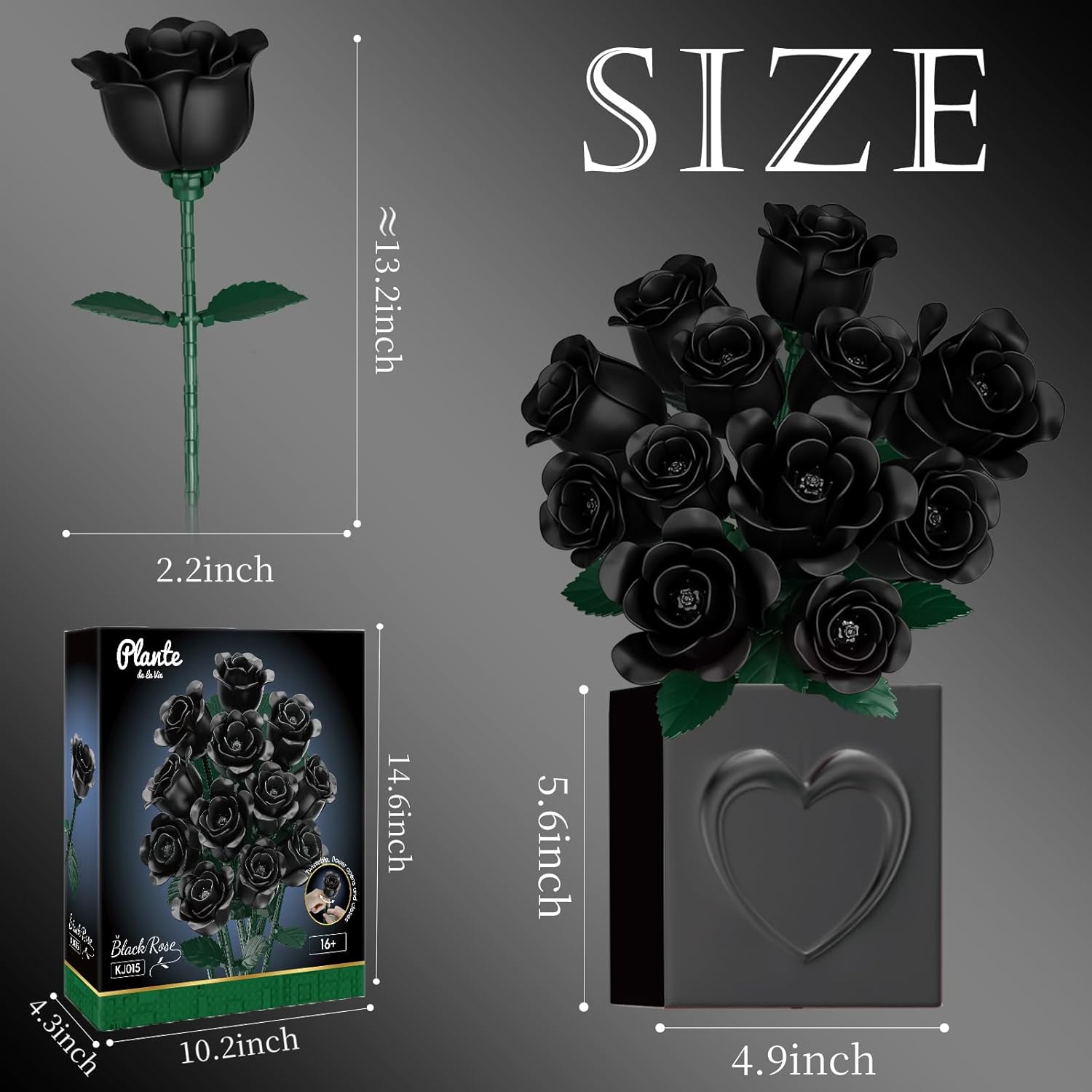 Black Rose Bouquet Building Set, Rotatable Control for Flowering Flowers Botanical, Christmas Valentine's Day Gifts for Adults - Gothic Home Office Table Bookshelf Decor