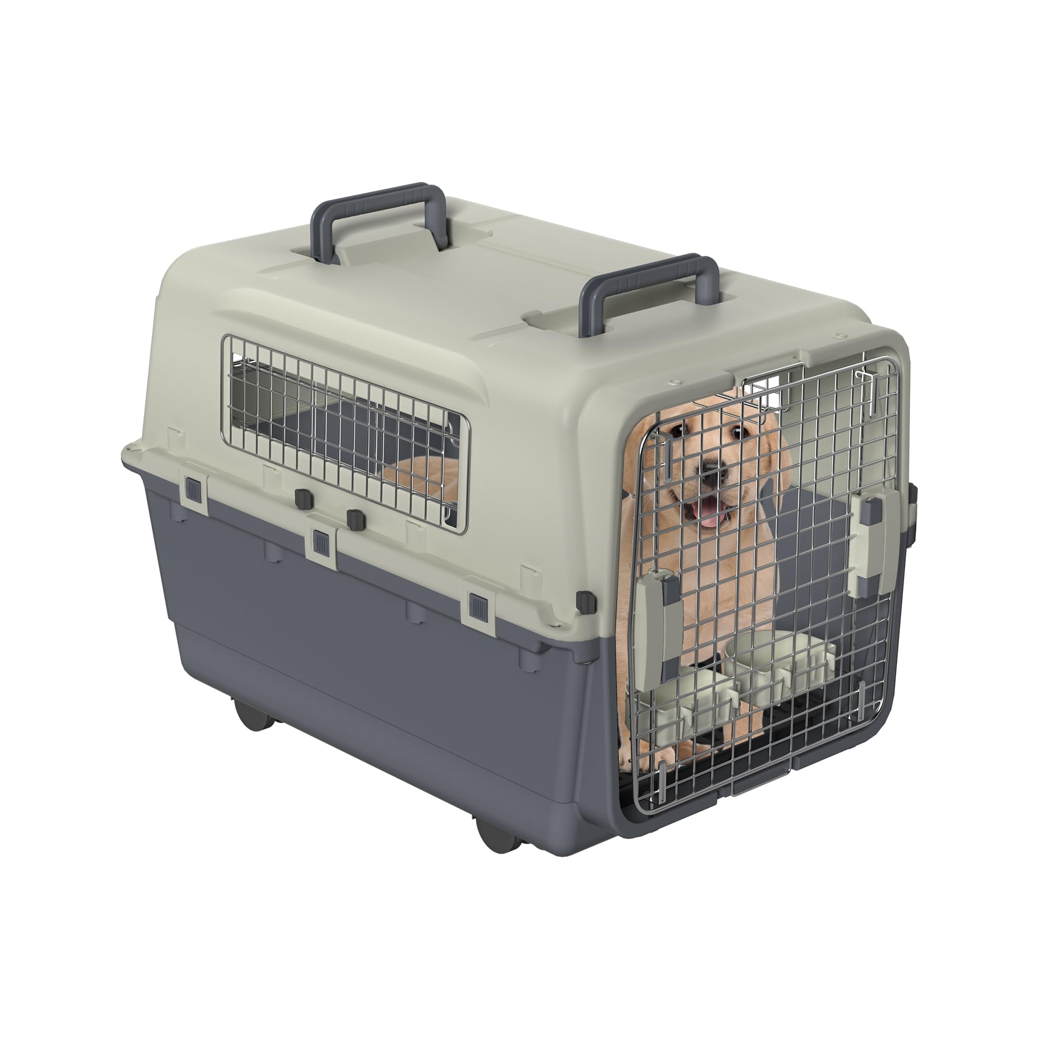 FIVMEN Caja de transporte para perros, 80 x 57 x 70 cm, con ruedas y ventanas de hierro, puertas, transportador de animales, avión, coche, viaje y transporte