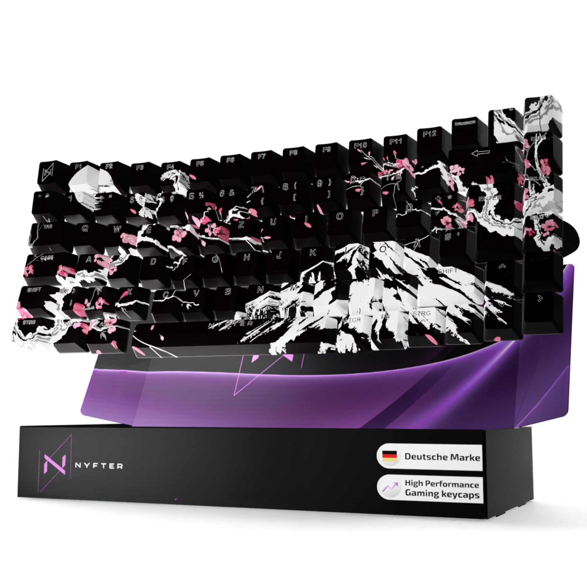 NYFTER - Premium Sakura Keycaps ISO 60% und 75% Custom Keycabs ISO Layout für Mechanische Tastaturen (Black Sakura, 75%)