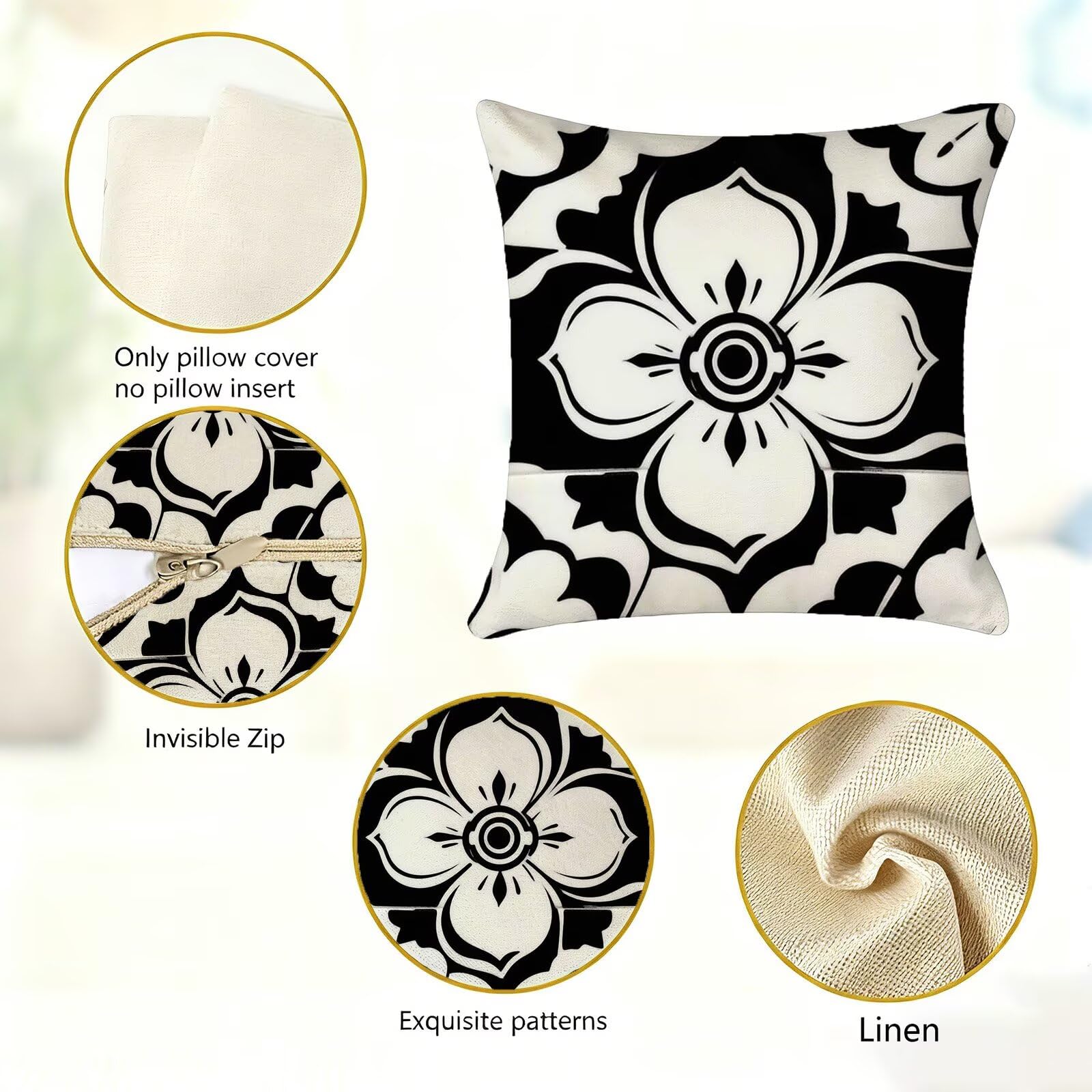 Nero Federe Cuscini Divano 50x50cm, Cuscini da Esterno Set de 4, Cod-87 | Lin Copricuscini Decorativi Letto Arredo, per Letto, Soggiorno, Giardino, Esterno, Casa Decorazione Set di 4 Geometria