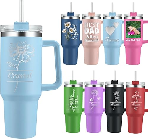 Vaso personalizado con asa de 40 onzas con nombre grabado de flor de nacimiento personalizada con tapa con pajilla, vasos aislados de acero