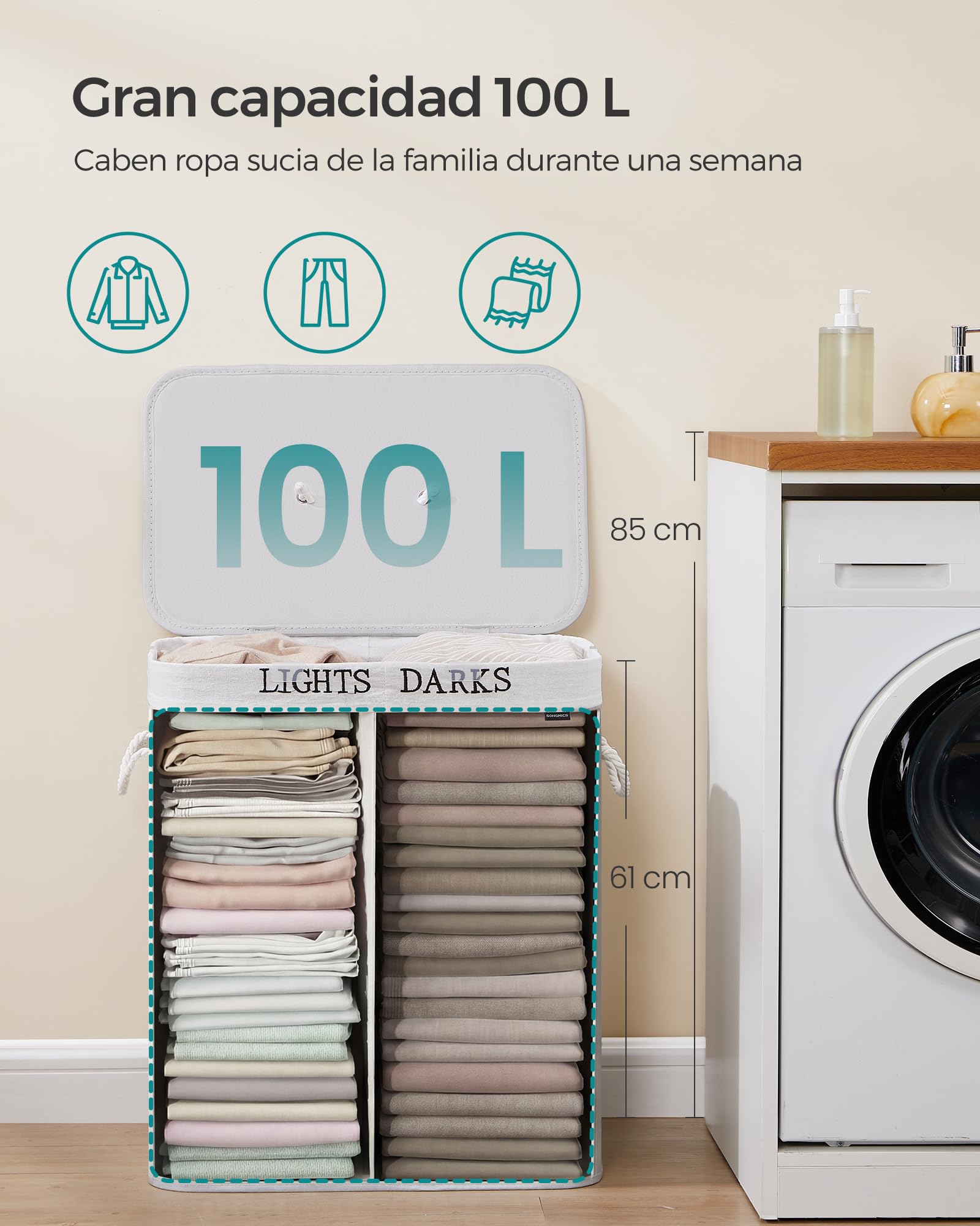 SONGMICS Cesto Ropa Sucia, 100 L, Cesta Ropa Sucia 2 Clasificaciones, de Bambú, con Tapa y Asas, Plegable, Bolsa Extraíble y Lavable, para Lavandería, Dormitorio, Gris LCB064G03