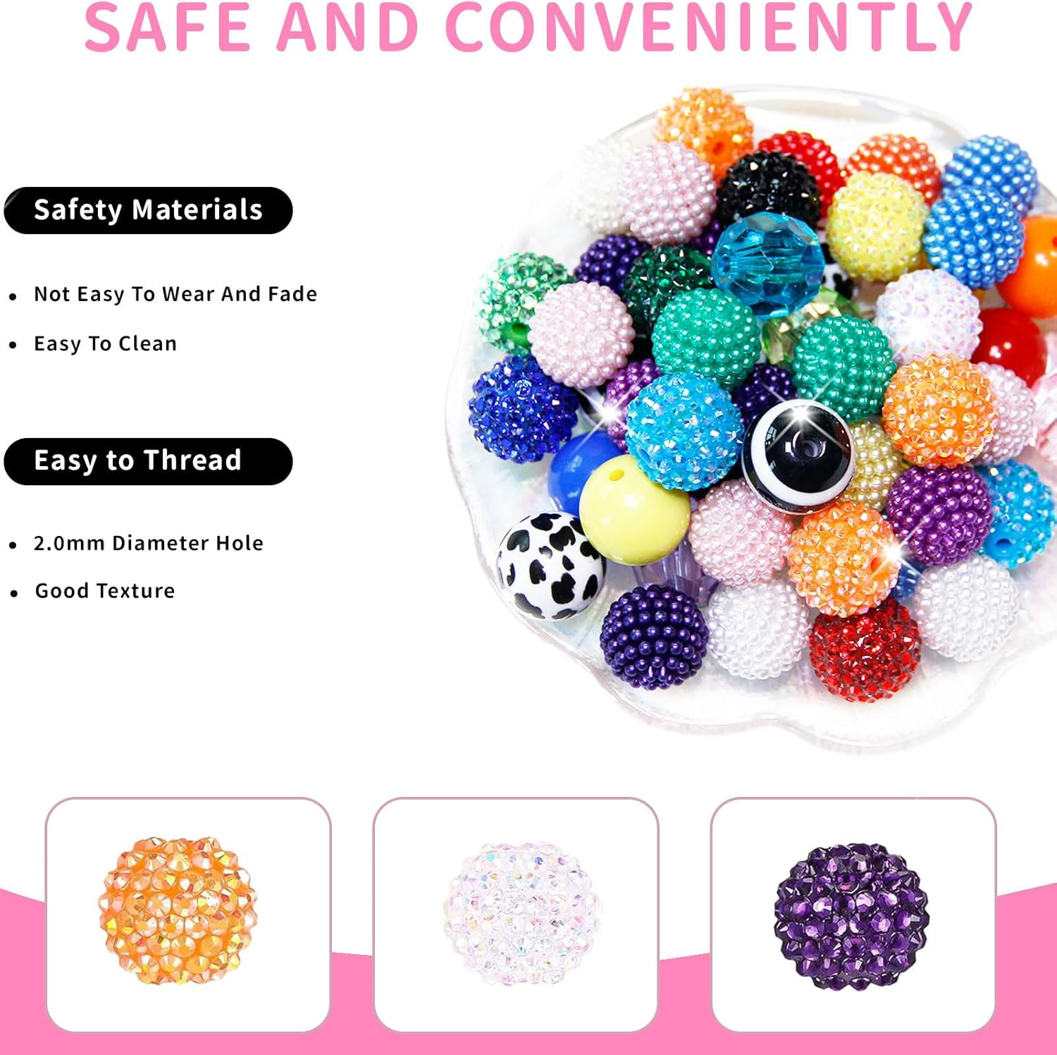 100 Pcs 20mm Beads for Pens Rhinestone Bubblegum Beads Mixed Crystal Acrylic Round Chunky Bead Sparkly Craft Large Balls Bead for Pen Beadable Keychain Bracelet Necklace DIY Jewelry Making Supplies
