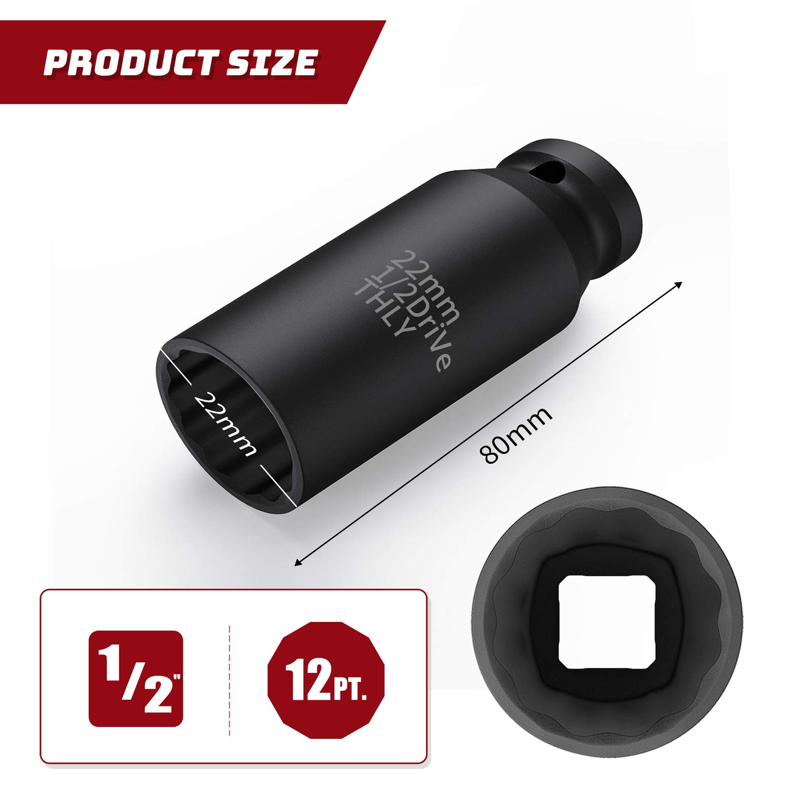 22mm Socket 1/2 Drive, 12-Point Deep Socket Set 1/2 Inch Impact