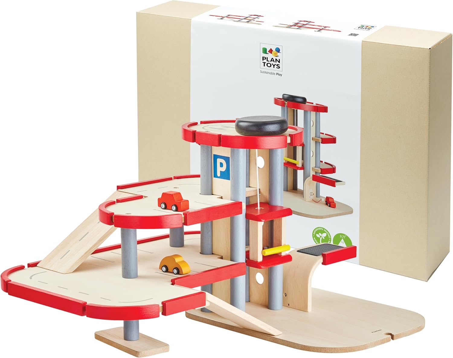 PlanToys® Parking Garage Wooden Montessori Imaginative and Creative Play Set | Problem Solving, Social Interaction and Early Coordination Activity | Eco Friendly Vehicle and Ramp Play Set