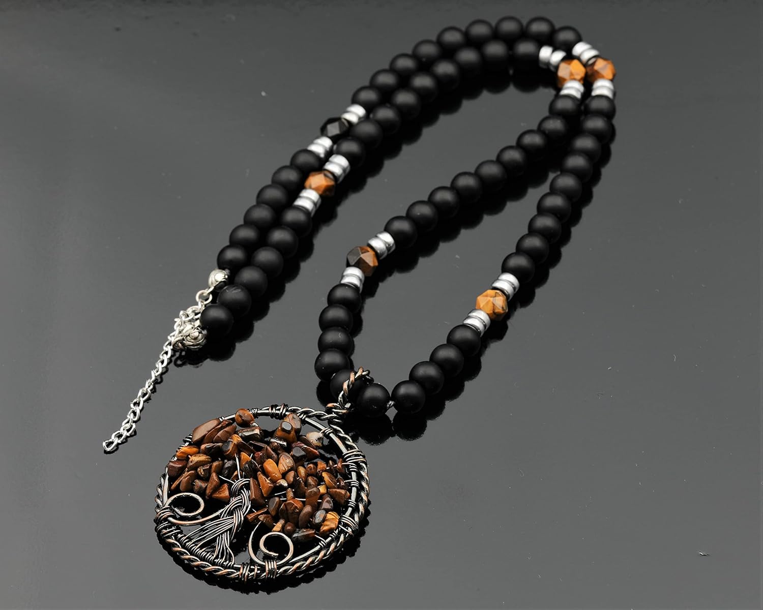 ElisaJewelryArt - Big Tree Of Life Tiger Eye Pendant Natural Black Onyx Gemstone Adjustable Clasp Closure Necklace Protection Stone Necklace Black Necklace Gift For Him Unisex Necklace