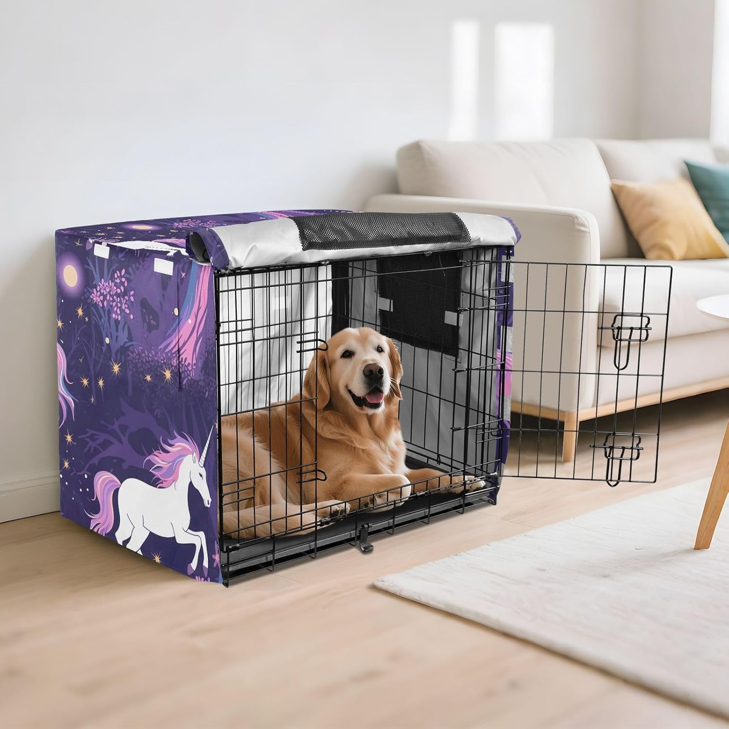 Purple Unicorns Dog Crate Cover Roll-up Sides, Pet Crate Cover with Roll-up Sides, Large