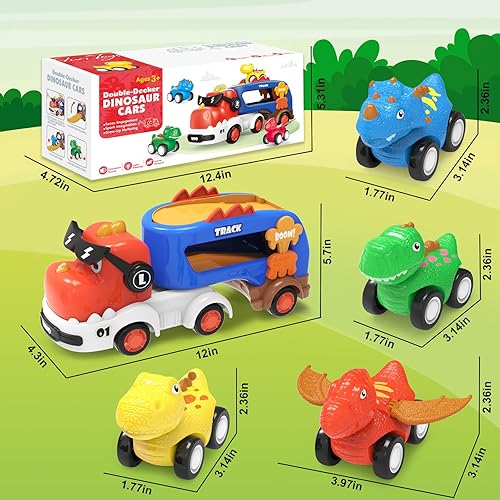 Miniatura 7 de Juguetes de dinosaurio para niños de 2, 3, 4, 5, 6, 5 en 1, camión de dinosaurios con 4 autos de dinosaurio, luz y sonido, juguetes para niños de 2