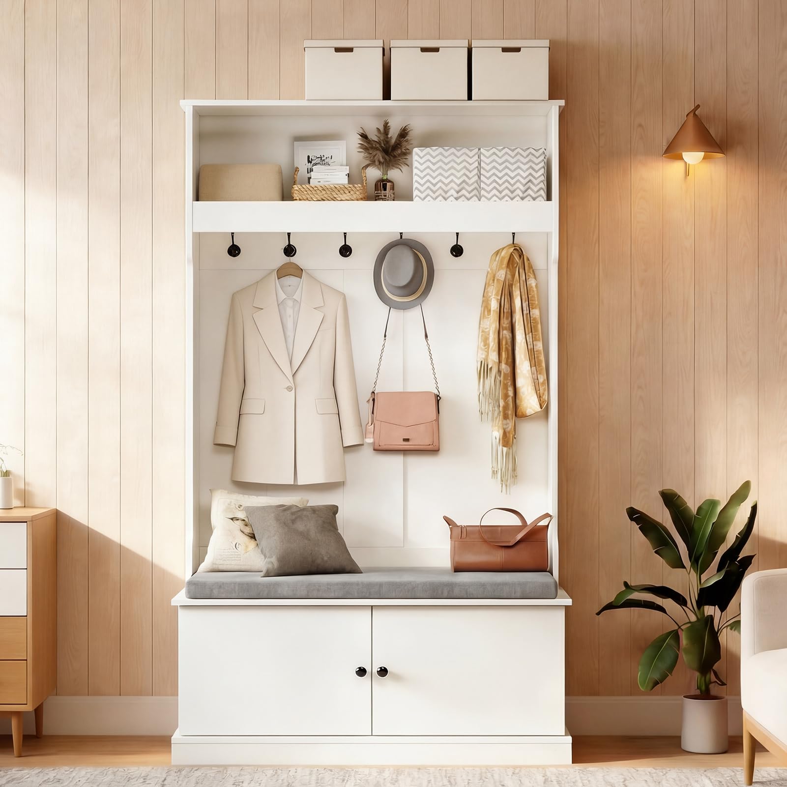 Aptliton Coat Rack with Shoe Storage, 170cm Freestanding Hall Tree with Shoe Bench & Seat Cushion, Upper Storage Shelf and 6 Hooks, Wooden Coat and Shoe Storage Organiser for Hallway, Entryway,Bedroom