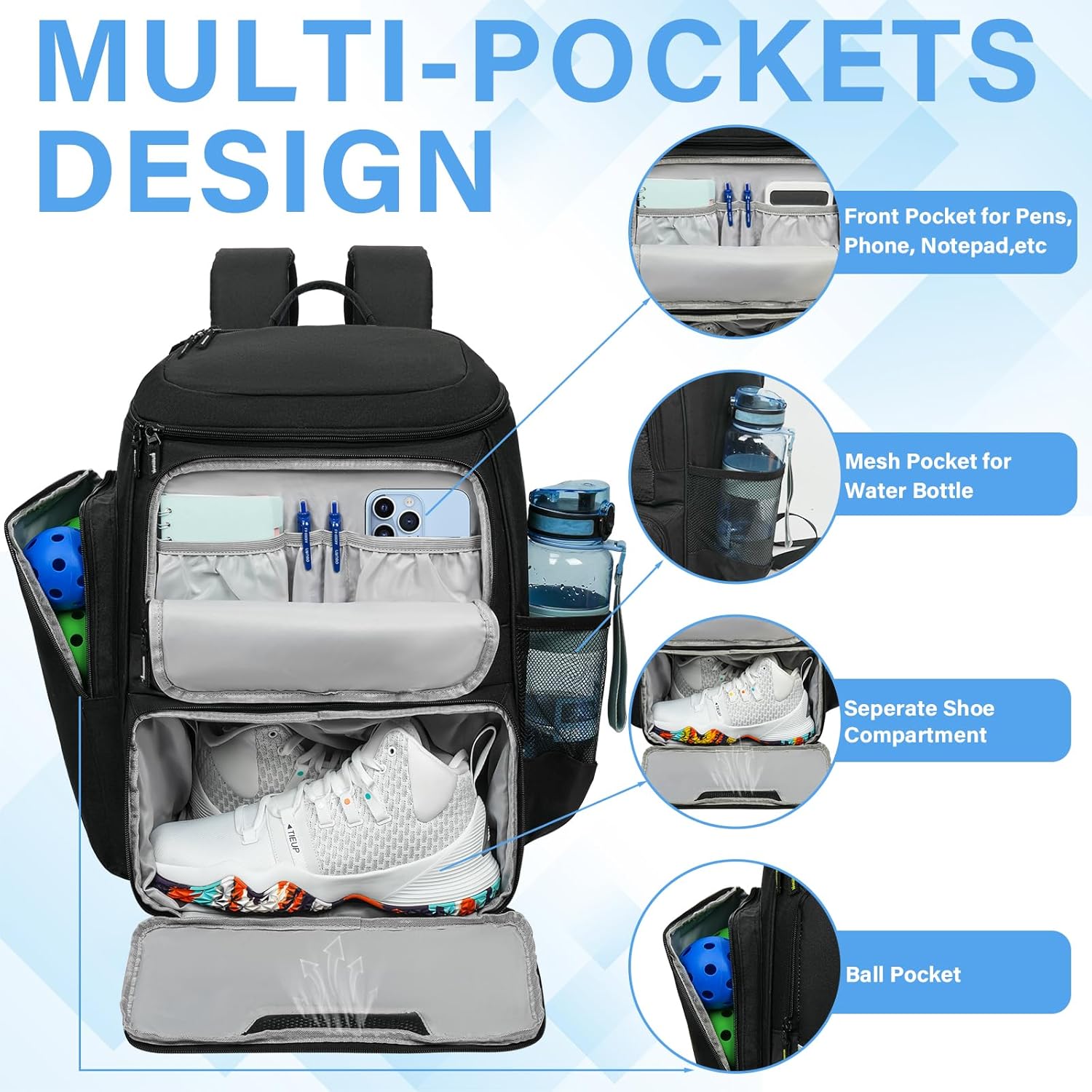 Pickleball Bag for Men and Women, Pickleball Backpack Fits 4 Paddles, Pickleball Equipment Bag with Shoe Compartment