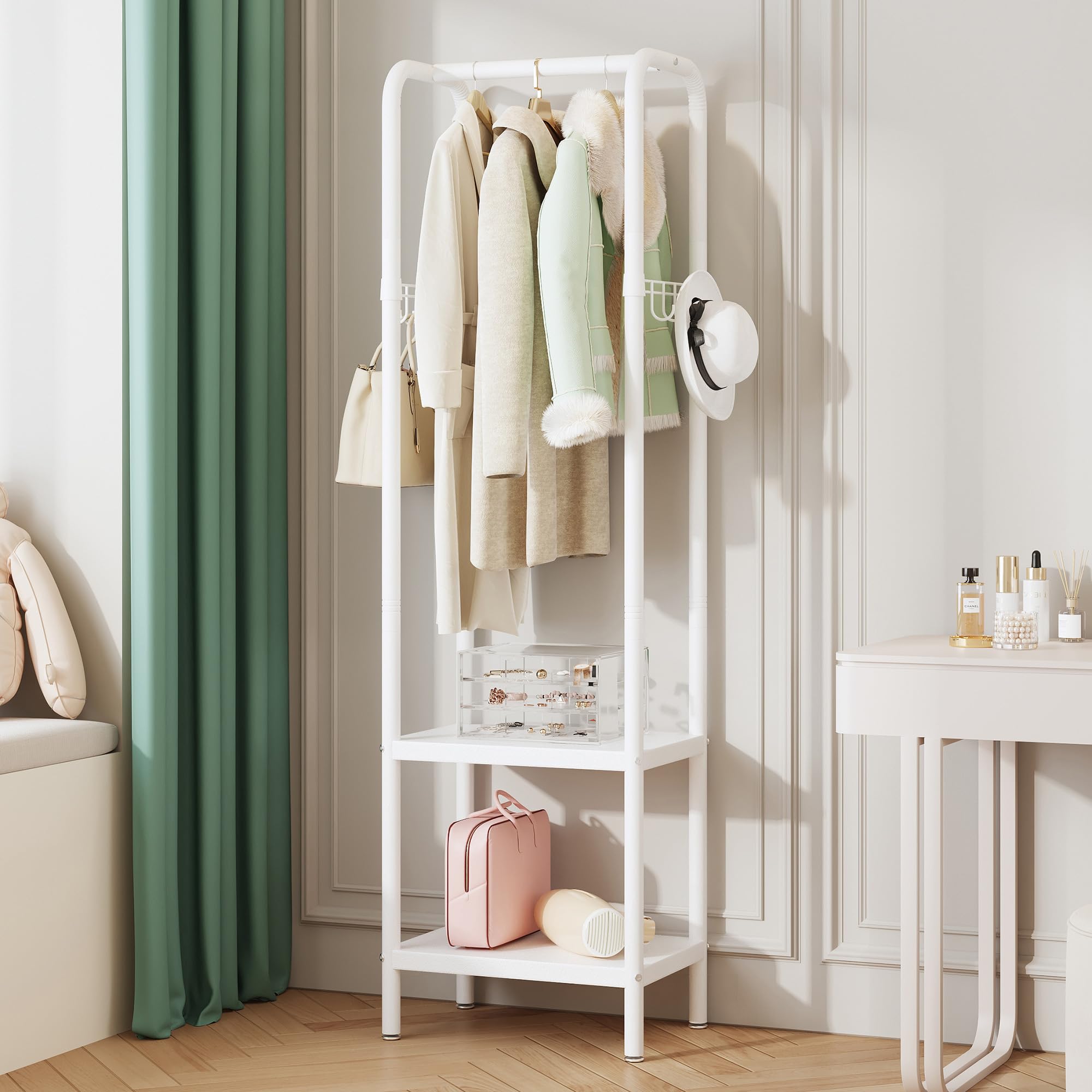 Petit porte-manteau en métal avec étagère et crochet | portant à vêtements autonome pour couloir, chambre, bureau, balcon, petit espace, entrée (Blanc)