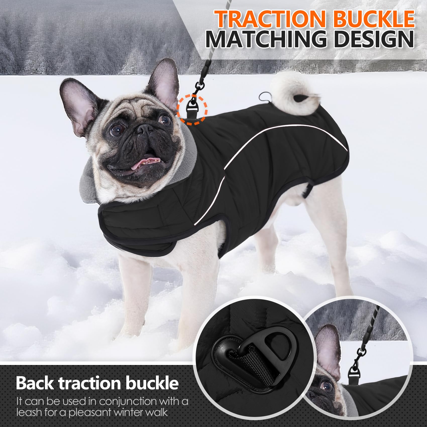 Cappottino invernale impermeabile per cani, foderato in pile, caldo, con strisce riflettenti, anello a D e gilet regolabile, per cani di piccola e grande taglia (nero, XL)