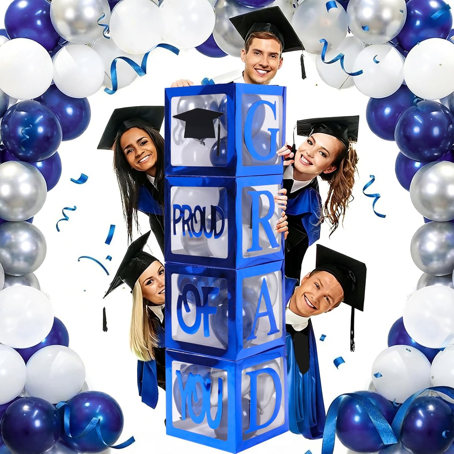 Graduation Decorations 2026, Navy Blue Graduation Decorations Transparent Balloon Boxes with Letters of GRAD, PROUD OF YOU,Class of 2026, Blue Silver Balloons Arch for High School College Grad Party thumbnail
