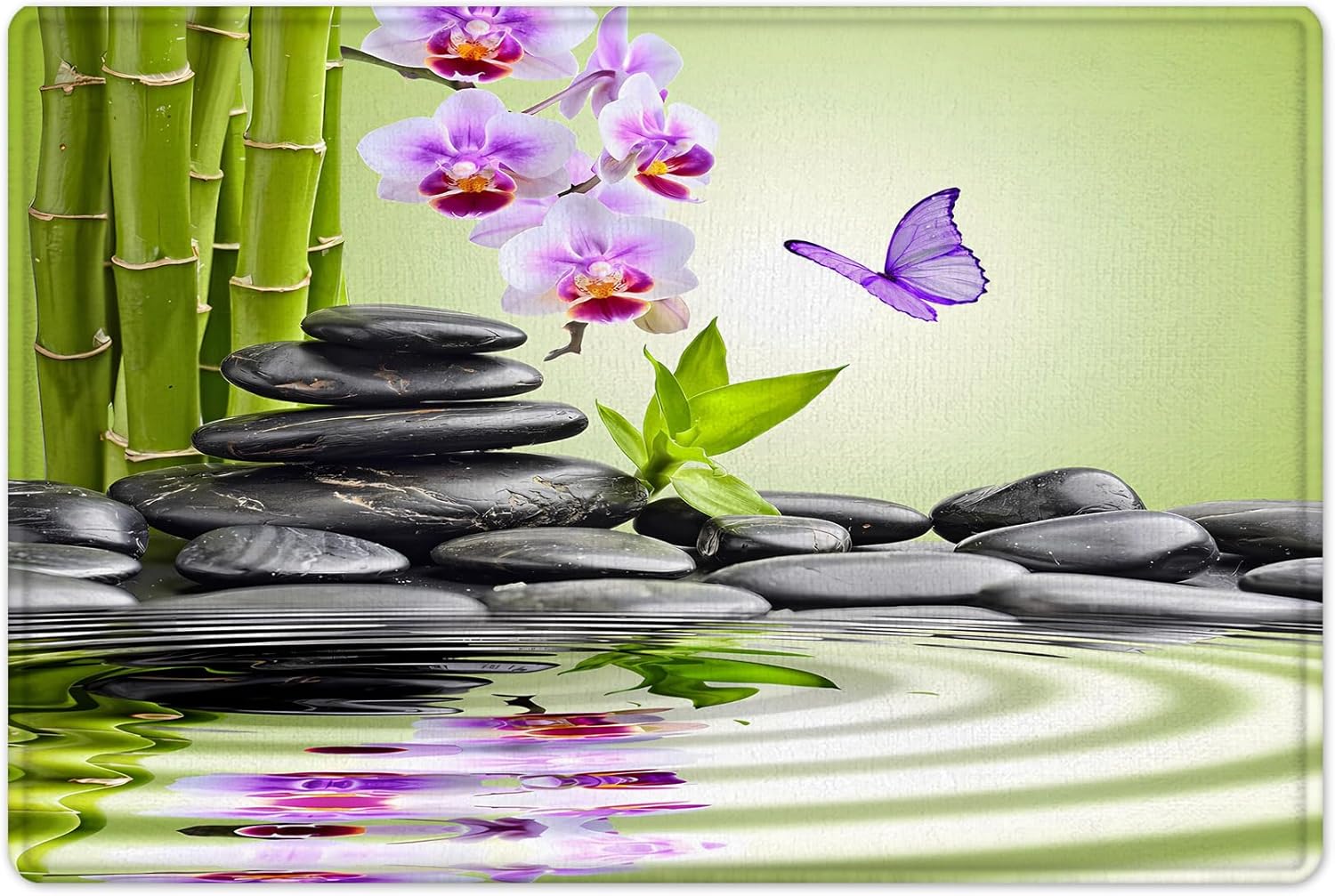 LB Spa Shower Curtain Sets with Rugs Purple Flower and Butterfly with Black Zen Stone in Water Fabric Shower Curtain with Hooks Nature Green Bamboo Bathroom Curtains Shower Set, 70x70 inches