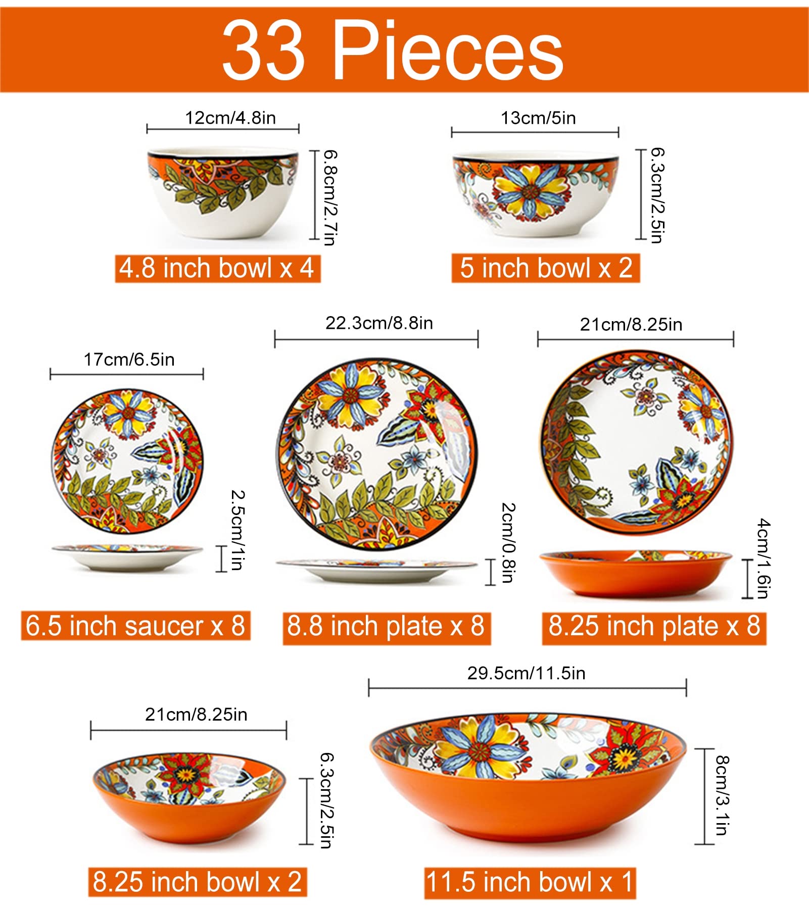 33-częściowy porcelanowy zestaw obiadowy z miską i talerzem, do kuchenki mikrofalowej i zmywarki, zestaw naczyń dla 8 osób