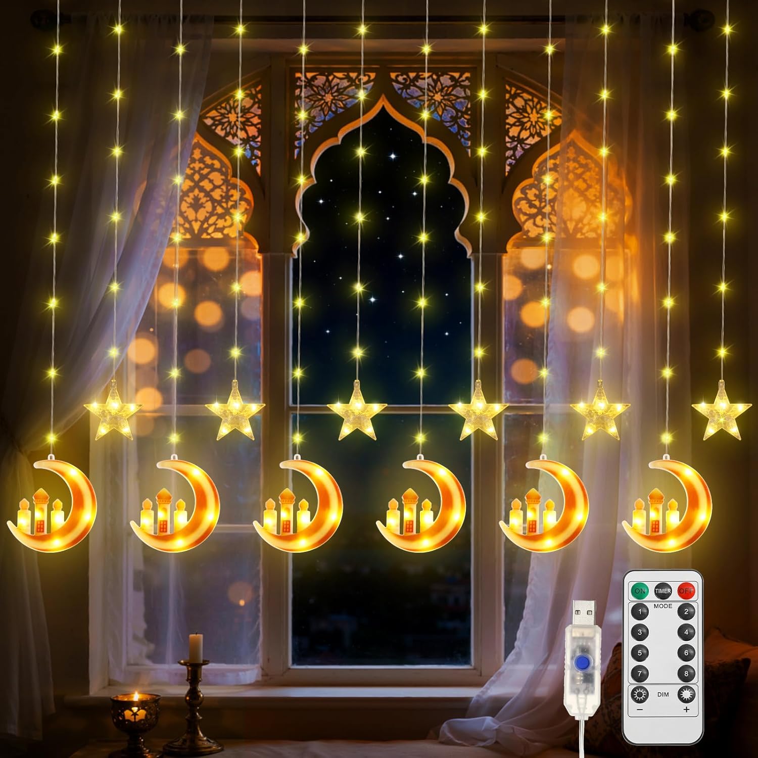 Lewondr 4th of July Curtain String Lights, 11.5FT 138 LED Hanging Patriotic Star Icicle Lights with 6H Timer, 8 Modes, USB, Red White and Blue 4th of July Decorations for Independence Memorial Day