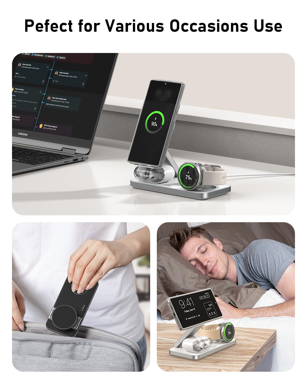 Caricabatterie wireless magnetico 3 in 1 per Samsung Galaxy, stazione di ricarica rapida pieghevole per MagSafe Samsung Galaxy S26 Ultra S25 S24 Z Fold Flip 8 Watch 8 7 Buds 4 3 Pro, non per Samsung