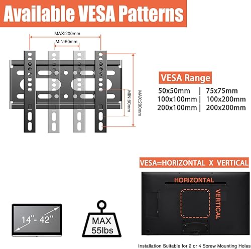 Miniatura 5 de JXMTSPW Soporte de pared para monitor de pantalla de 14 a 42 pulgadas, soporte de TV de perfil bajo, soporte de pared plano fijo, capacidad de 55.1