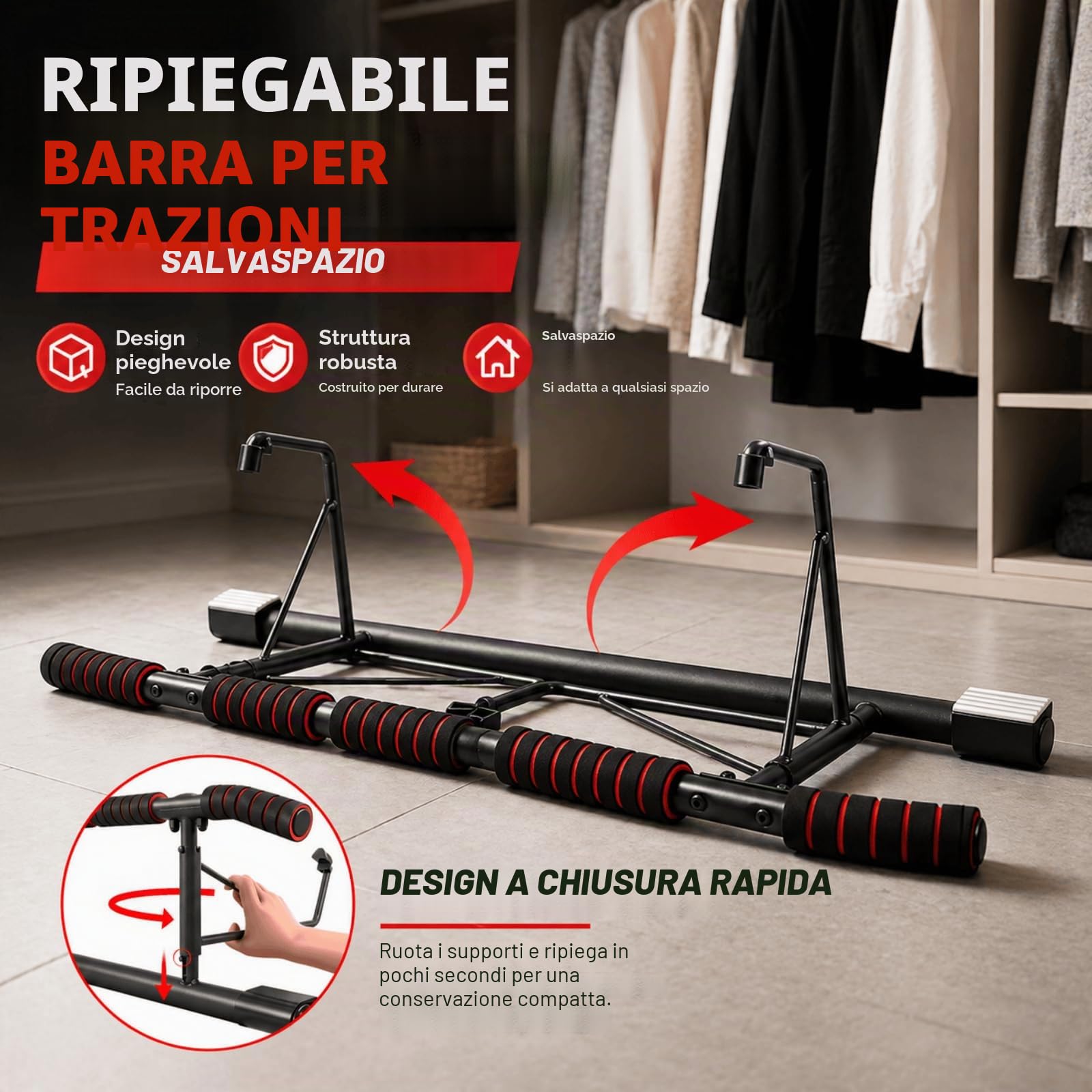 Barra per Trazioni da Porta Senza Installazione, Pull Up Bar | 6 Impugnature Regolabile, Sbarra Trazioni Pieghevole Palestra in Casa (69-92cm)