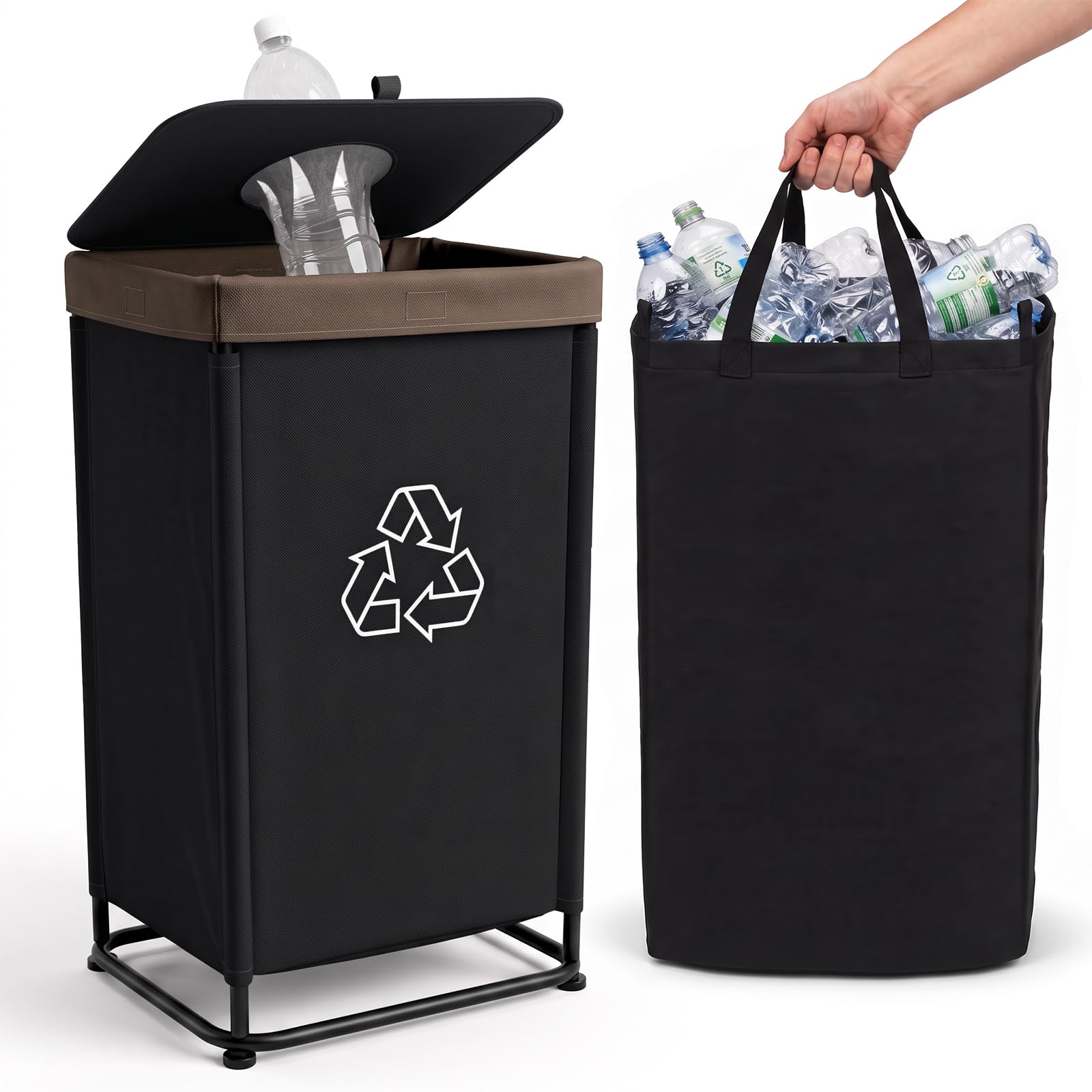 Nyamofly Deposit Bottle Collector Bin with Lid 100L Recycling Bins for Kitchen and Metal Frame Bottle with Removable Waterproof Liner for Kitchen, Garage and Utility Room Black
