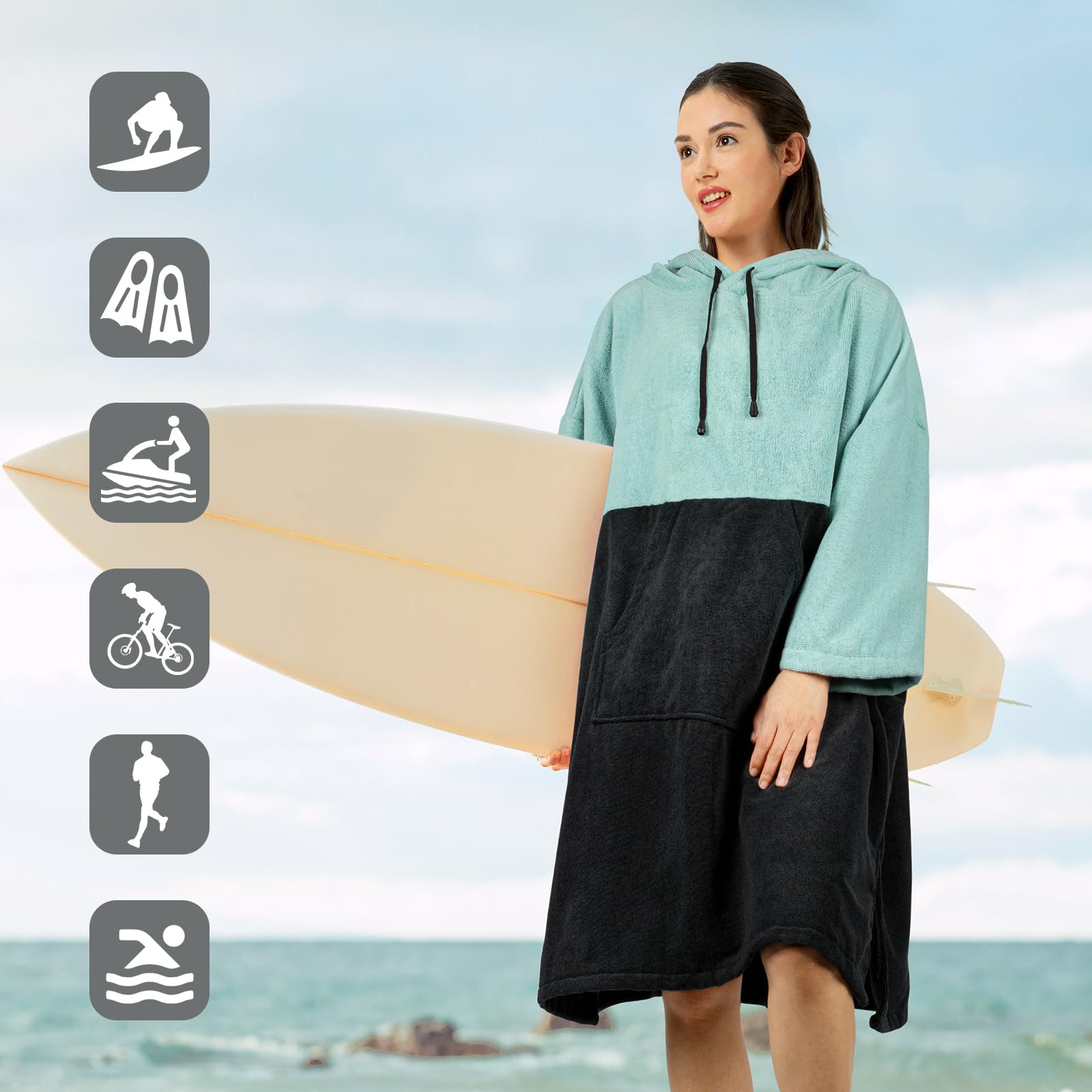 Surf-Poncho, Wickelrobe, 3/4-Ärmel, Extra Großer, Dicker Kapuzen-Handtuch-Poncho für Männer und Frauen, Strandschwimmen, 39''x33'', Schwarzgrün