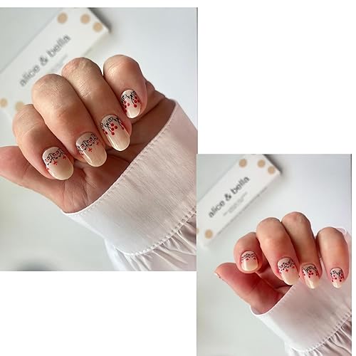 Miniatura 4 de Alice & Bella Kvitka - Tiras de uñas de gel semicuradas - Base blanca lechosa roja y negra cosida a mano, calcomanías de arte popular UV para