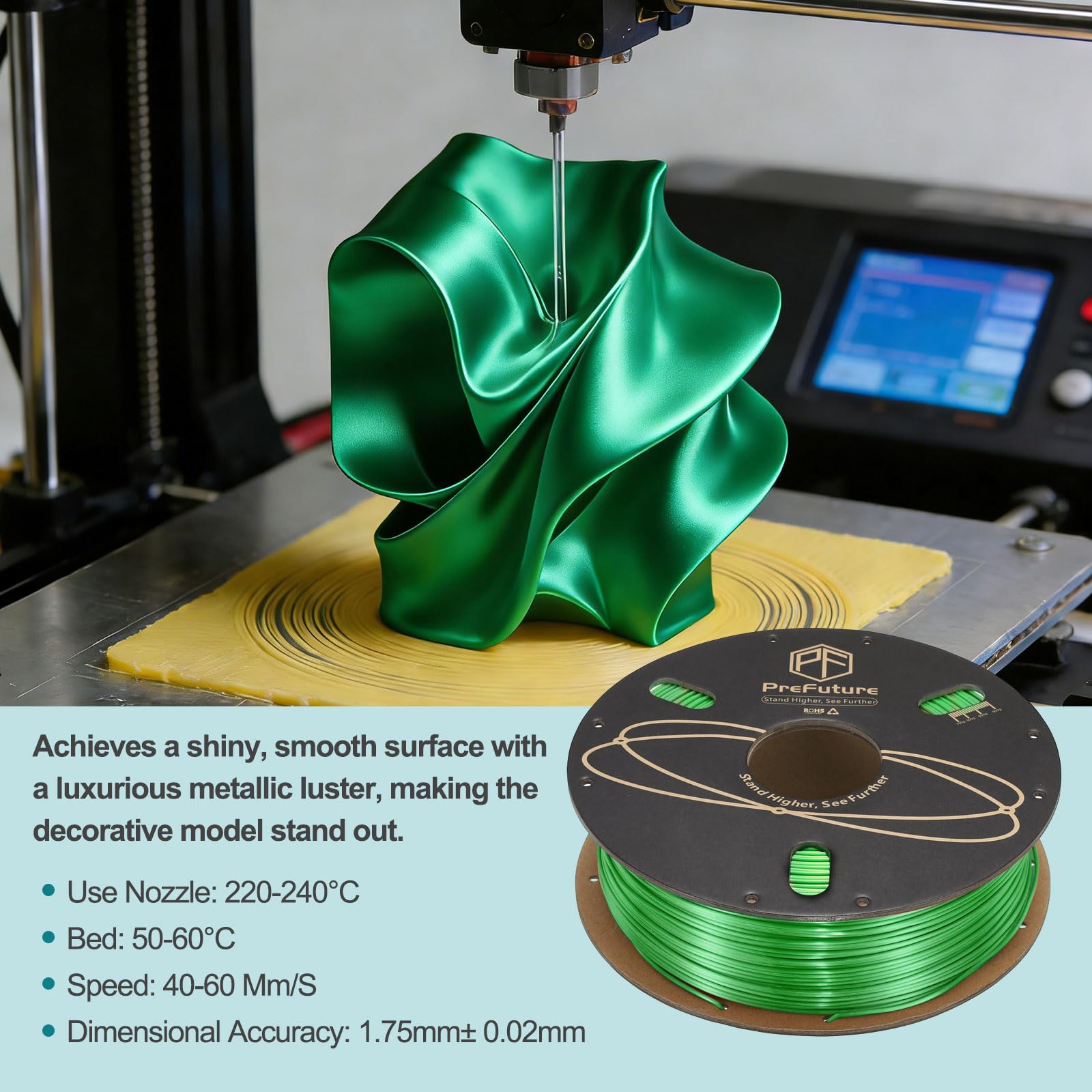 QUARKZMAN Filamento PLA Seta 1.75mm 1KG/2.2LB Alta Lucentezza Filamento per Stampante 3D, Resistenza Migliorata, Precisione Dimensionale 0.02mm per Stampante 3D, Verde.